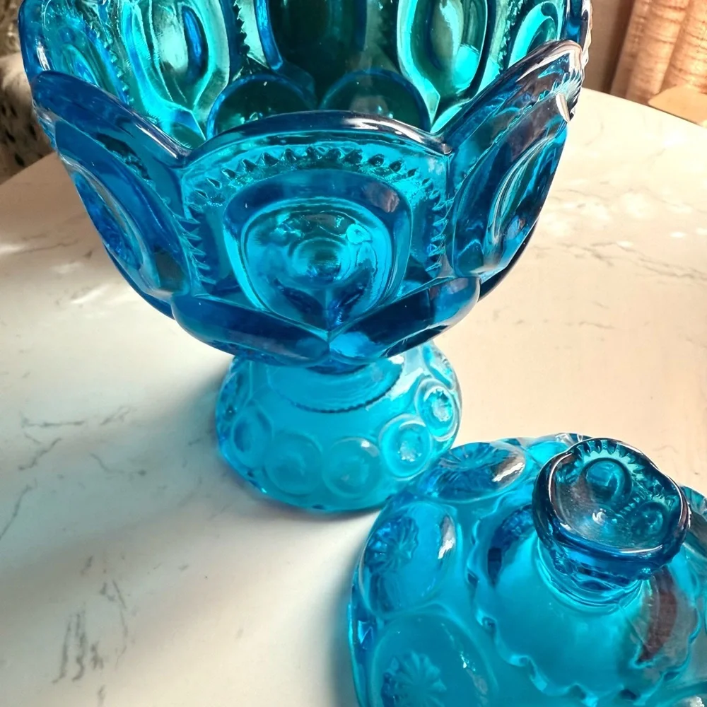 Vintage LE Smith Moon & Stars Blue Glass Candy Dish Compote with Lid - Picture 5 of 7